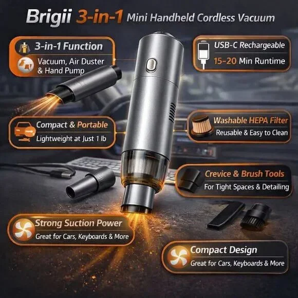 Brigii Mini Handheld Vacuum Cordless, 3 in 1-Car & Air Duster & Gray - Picture 1 of 9